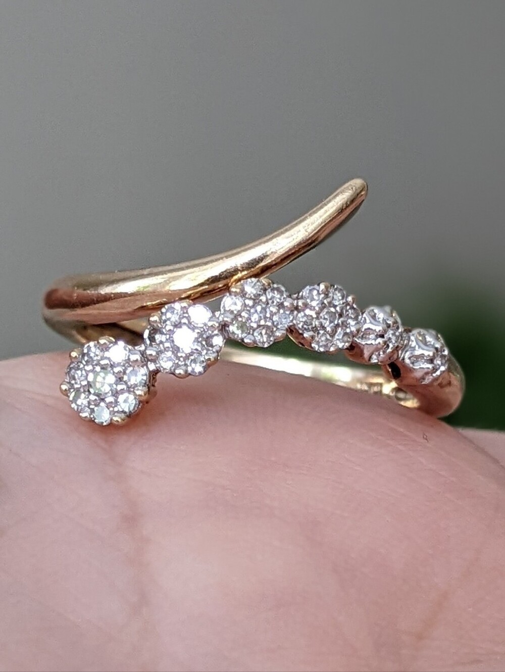10K Gold Diamond Ring With Six Flower Clusters